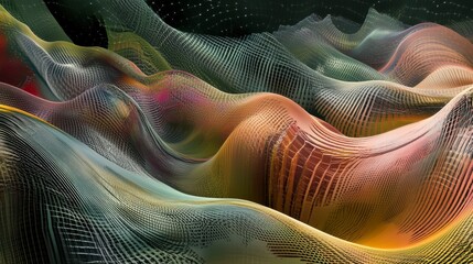 Poster - Abstract colorful waves of interconnected lines and nodes forming a flowing landscape.
