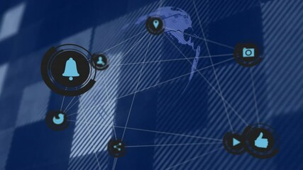 Poster - Digital icons and connections forming network over world map background animation