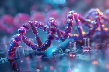 Poster - Glowing DNA helix structure with purple and blue bokeh lights on reflective surface, scientific molecular background for genetics and biotechnology research.