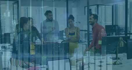 Poster - Diverse team collaborating in modern office with digital data overlay animation