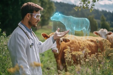 Aufkleber - Veterinarian uses augmented reality technology to monitor farm animal health in a rural setting during daylight Generative AI