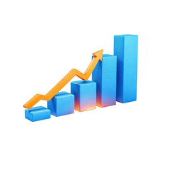 Poster - Upward trajectory of growth, a vibrant blue bar graph with a bright orange arrow soaring upwards, showcasing a positive trend.