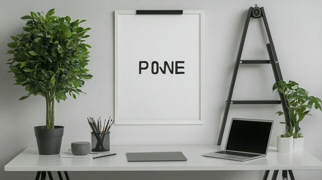 Minimalist home office workspace with laptop, plants, and poster.