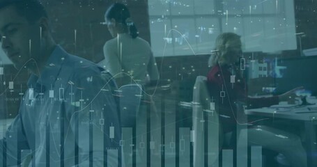 Poster - Analyzing financial data, business professionals working at desks with animation overlay