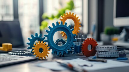 Aufkleber - Colorful gears interlocked on a desk, representing teamwork, collaboration, and workflow.