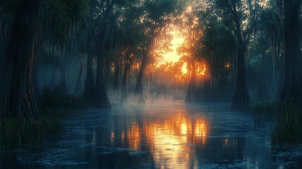Wall Mural - misty sunrise over swamp, cypress trees reflected in still water.