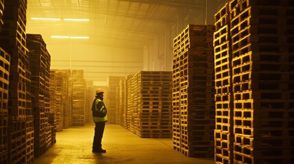 Poster - A lone worker stands amidst towering stacks of wooden pallets in a dimly lit warehouse.