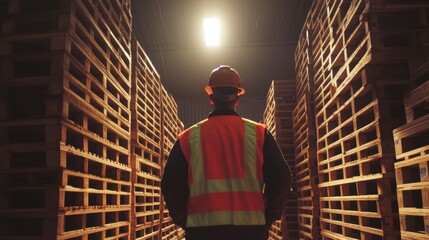 Poster - Warehouse worker stands between high stacks of wooden pallets in a dimly lit storage facility.