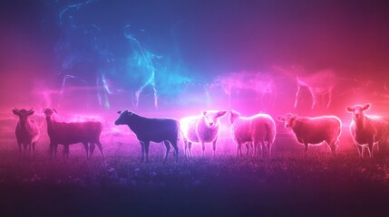 Fototapete - Surreal abstract composition of glowing farm animals in a dreamlike landscape at twilight Generative AI