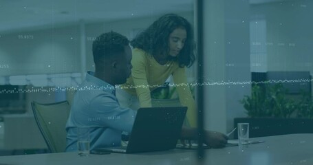 Poster - Interacting at office desk, business colleagues with data processing animation overlay