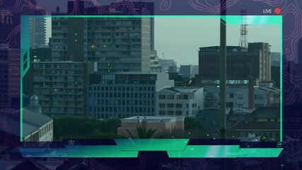 Poster - Live broadcast animation overlay on modern buildings in cityscape setting