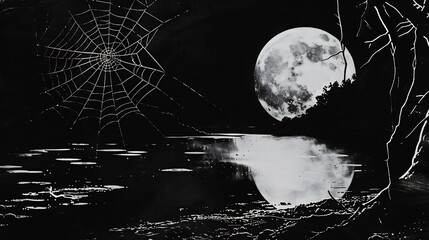 Haunting black white ink style artwork of Bridge Orb Weaver Larinioides sclopetarius suspended above reflection of full moon still water intricate silk strand of web catch faint glimmer of moonlight