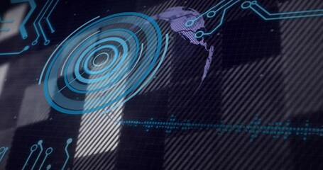 Poster - animation of futuristic digital interface with circular patterns and data points