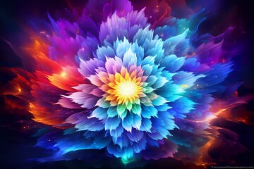 Wall Mural - Vibrant fractal flower with glowing petals in rainbow colors against dark background, radiating energy from yellow center through blue, purple and red outer layers.