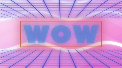 Poster - Animation of retro WOW text in bold blue over pink grid background