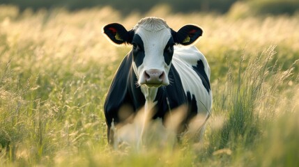 Aufkleber - Joyful dairy cow stands in lush green meadow under warm golden sunlight in soft focus Generative AI