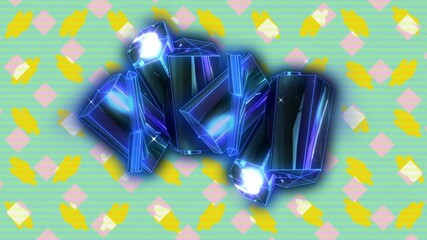 Poster - Glowing blue crystals with animation over colorful geometric pattern background