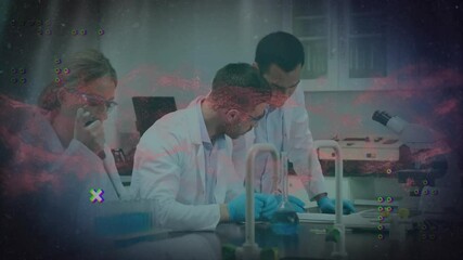 Poster - scientists in lab coats conducting experiments with colorful data animation overlay