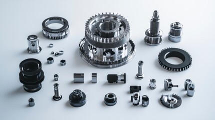 Aufkleber - Precision metal parts, gears, and components arranged on a white background.