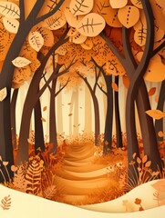 Poster - Layered paper cut autumn forest with golden leaves and soft light creating a cozy atmosphere in warm orange and brown tones Generative AI