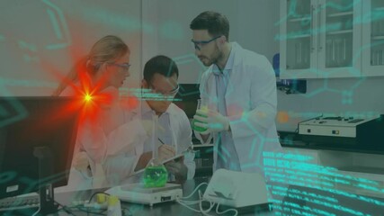 Poster - analyzing data with animation overlay, scientists in lab coats in laboratory