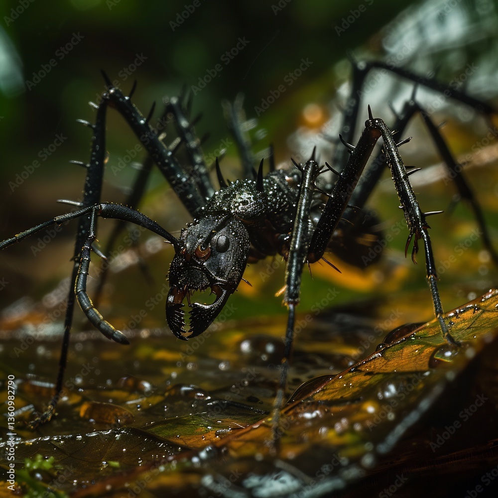 Side view of Bullet Ant Paraponera clavata standing damp rainforest ...