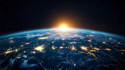 Aufkleber - Global network connections at sunrise, Earth from space.