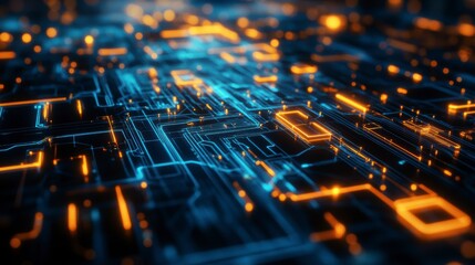 Aufkleber - Abstract digital circuit board with glowing blue and orange lines.
