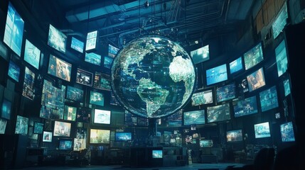 Leinwandbilder - Global network data visualization; Earth globe surrounded by numerous screens displaying diverse information.