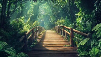Poster - Wooden bridge pathway through lush green jungle forest.