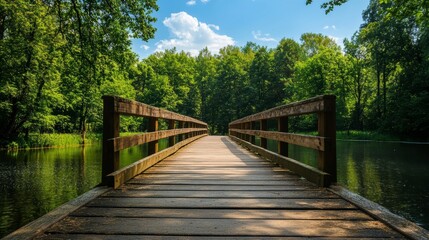Poster - Wooden bridge over calm water in lush green forest.