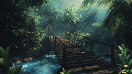 Poster - Rustic wooden suspension bridge over a jungle stream, sunlight filtering through lush foliage.