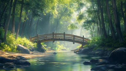 Poster - Serene wooden bridge arching over a calm stream in a sun-dappled forest.