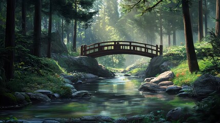 Poster - Serene forest stream with wooden bridge, sunlit path, lush greenery, and tranquil atmosphere.