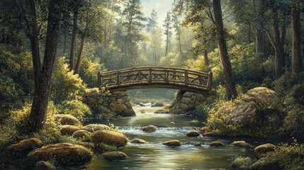 Poster - Serene forest scene with wooden bridge over a flowing stream.