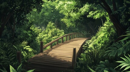 Poster - Wooden bridge in lush green jungle.
