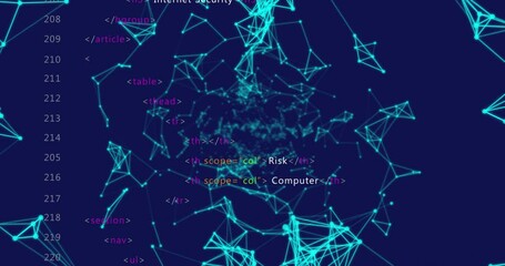 Poster - neon blue network connections and coding text animation over dark background