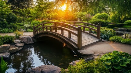 Poster - Serene sunset view of a wooden bridge over a pond in a lush garden.