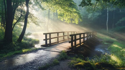 Poster - Sunbeams illuminate a wooden footbridge over a stream in a misty forest.