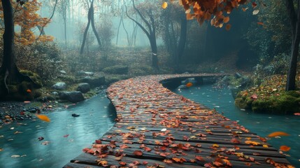 Poster - Wooden path across stream in misty autumn forest.