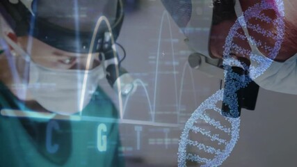 Poster - Examining DNA strand with animation overlay, surgeons analyzing data in hospital