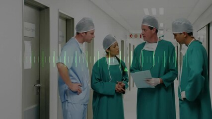 Poster - In hospital, medical team discussing patient chart with animation data overlay