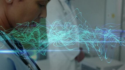 Poster - In hospital, medical professionals analyzing animation of complex data visualization