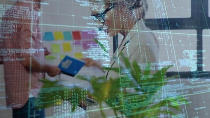 Poster - Business professionals collaborating over digital code and data processing animation