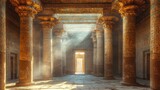 Sunbeams illuminate ancient Egyptian temple interior with columns, hieroglyphs, and doorway.