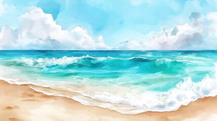  Serene and picturesque tropical ocean beach with turquoise waves lapping against the golden sandy shore under a clear blue sky with fluffy white clouds