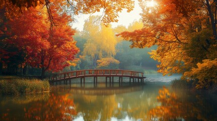 Poster - Wooden bridge over calm lake in autumn park with colorful trees reflecting in water.