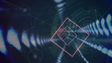 Poster - forming futuristic tunnel animation, geometric shapes and digital patterns intertwining