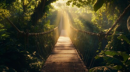 Poster - Sunlit rope bridge in lush jungle.
