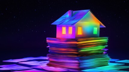 Poster - Colorful Paper House Model on Pile of Document Stacks with Night Sky Background and Starry Effect
